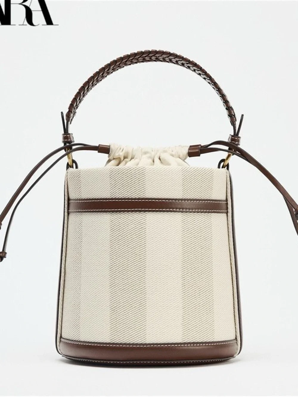 Zara Cream & Brown Striped Bucket Shoulder Bag with Braided Handle
